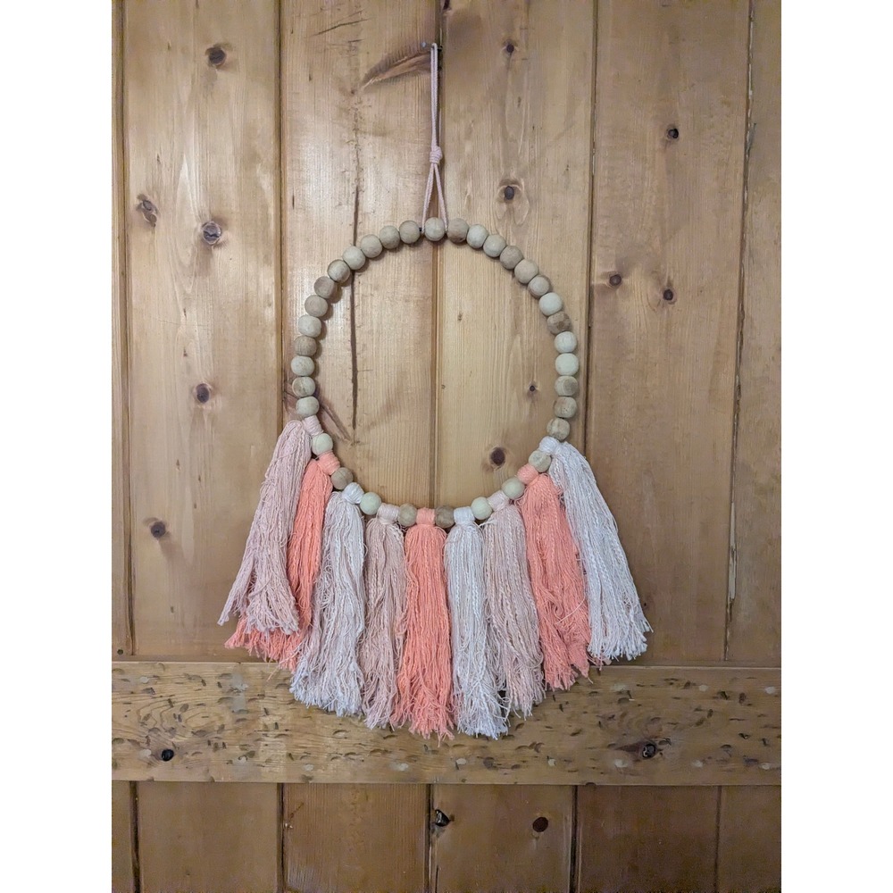 Boho Wooden Bead Tassel Wall Hanging Blush Pink Coral Cream Wreath Decor